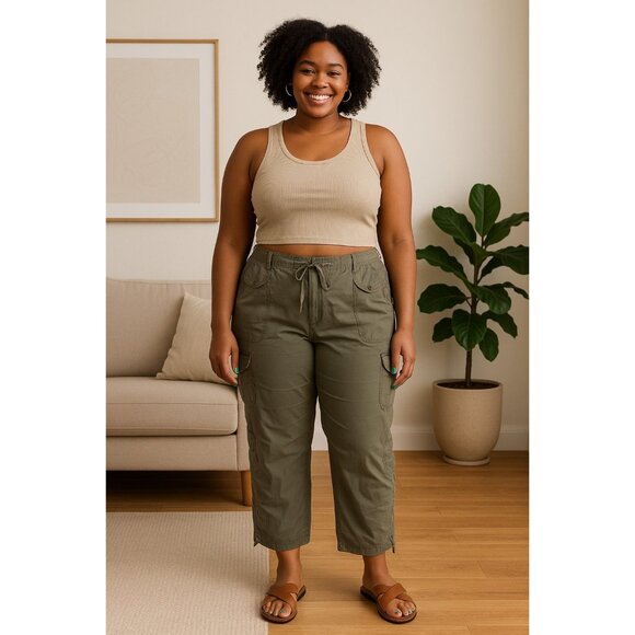 Dalia Collection Woman Cargo Pants 18W Khaki Green Cotton Drawstring Pockets - Picture 1 of 4